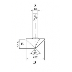Countersink do fazowania tworzyw sztucznych Drewno Forex D 22 B 10.6 S 6 α 92°